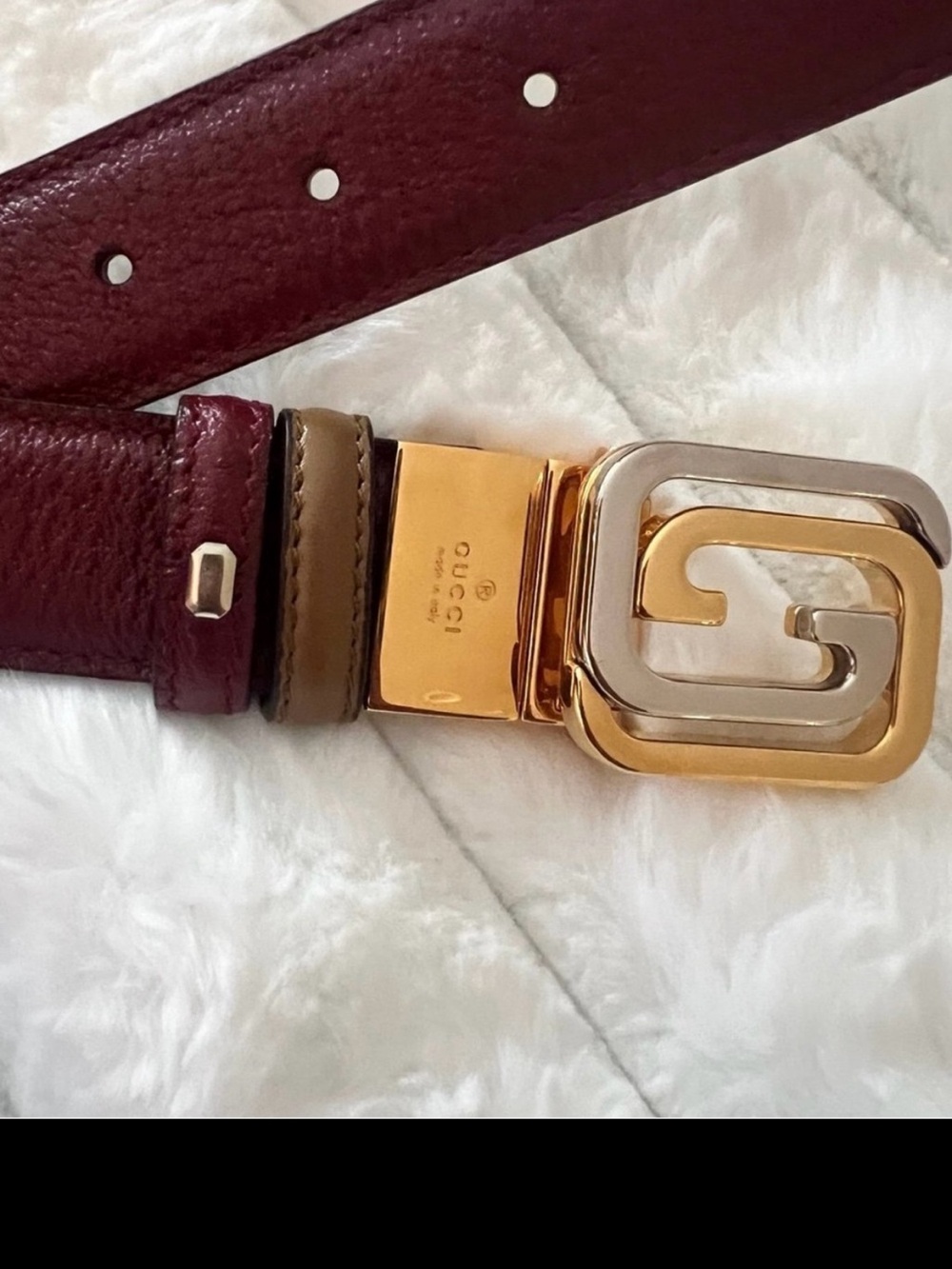 Gucci Two-Tone Gold & Silver Interlocking G Belt with Burgundy or brown Leather